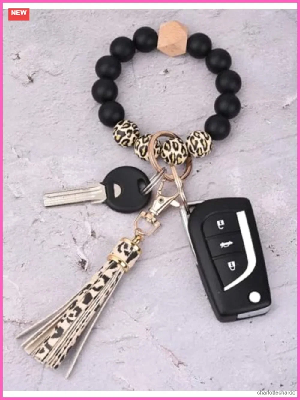Silicone Beaded Keychain Bracelet Wristlet with Leather Tassel
